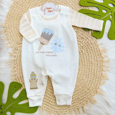 Conj. Body Manga Longa e Jardineira Suedine - Um Traço Fofinho Virou Estilo - Off White